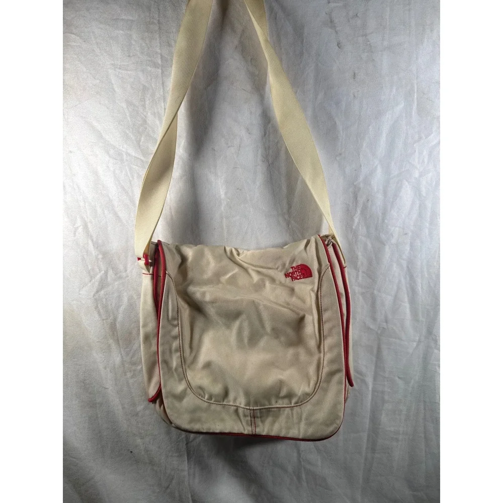 The North Face Messenger Bag Cream Red Ballistic Nylon Crossbody Flap Small